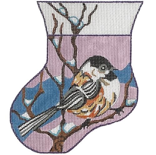 Chickadee on Branch Mini Stocking Painted Canvas PLD Designs  - 1
