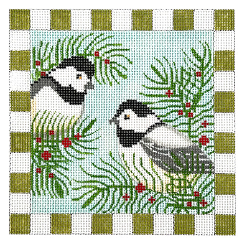 Chickadees and Evergreen Painted Canvas Vallerie Needlepoint Gallery  - 1