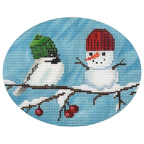 Chickadee's Snowman Oval Painted Canvas Scott Church Creative 
