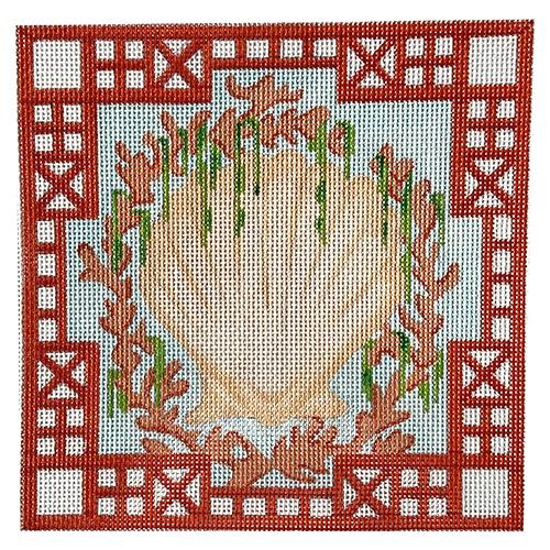 Chinoiserie Letter   Shell, Coral, Seaweed with Chinese Trellis Painted Canvas Kate Dickerson Needlepoint Collections 
