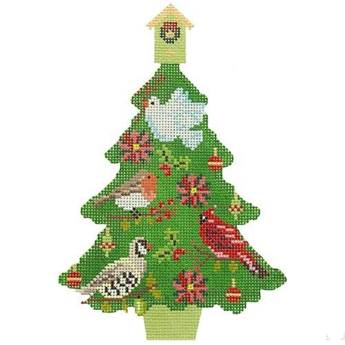 Christmas Birds Tree Painted Canvas Kirk & Bradley 