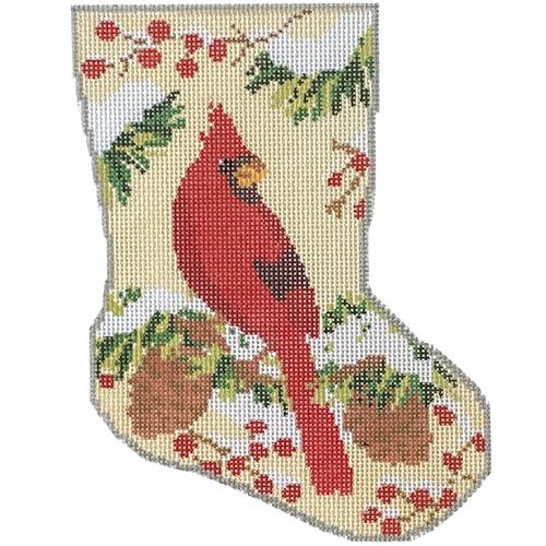 Christmas Cardinal Mini Stocking Painted Canvas KCN Designers  - 1