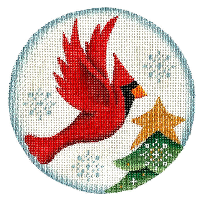 Christmas Cardinal Round Painted Canvas Rebecca Wood Designs  - 1