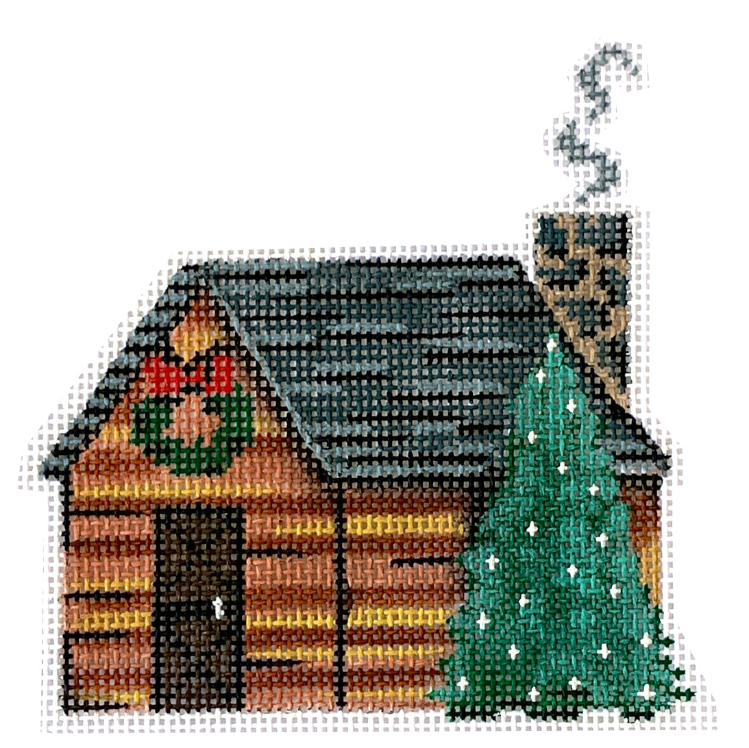 Christmas Log Cabin Ornament Painted Canvas Patti Mann 
