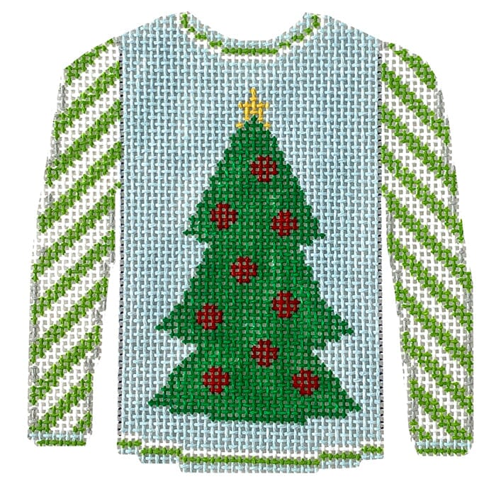 Christmas Tree Sweater on Blue with Lime Sleeves Painted Canvas Kristine Kingston 