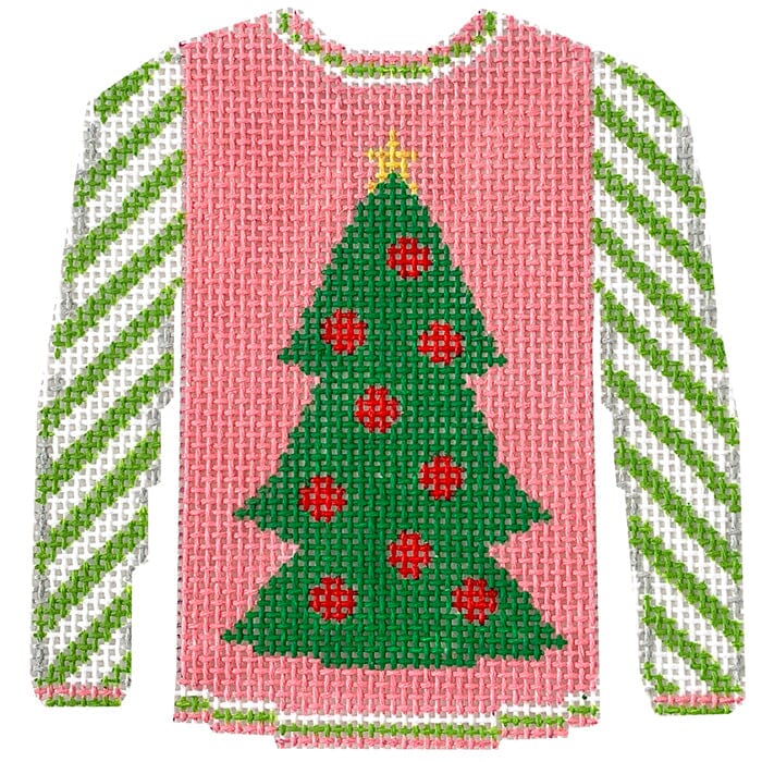 Christmas Tree Sweater on Pink with Lime Sleeves Painted Canvas Kristine Kingston 