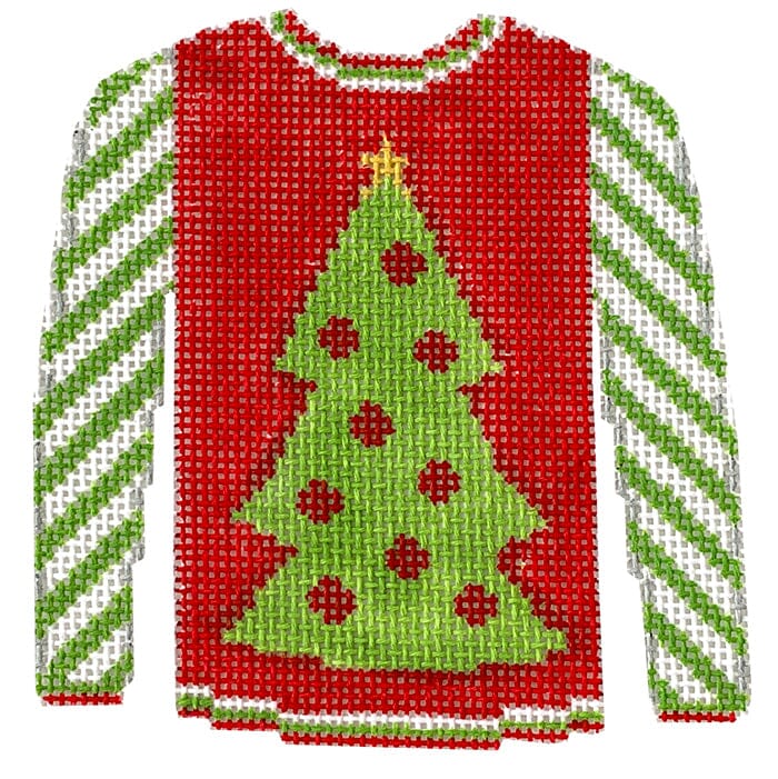 Christmas Tree Sweater on Red with Green Sleeves Painted Canvas Kristine Kingston 