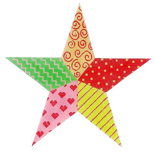 Christmas Tree Topper - Patchwork Star - Bright Traditional Christmas Colors Painted Canvas Kate Dickerson Needlepoint Collections 