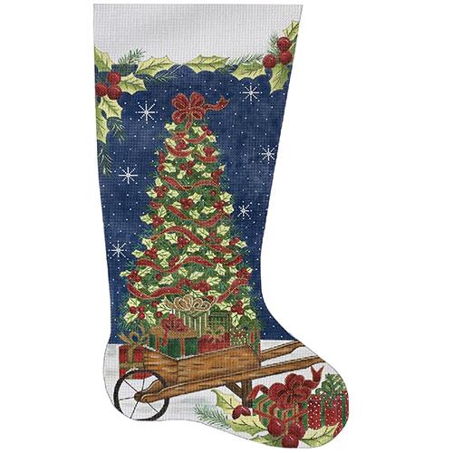 Christmas Tree & Wheelbarrel Stocking Painted Canvas Alice Peterson Company 