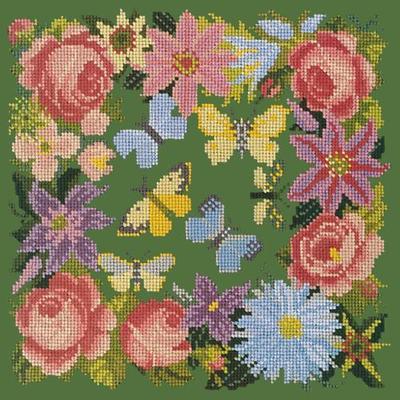Clematis, Roses & Butterflies Needlepoint Kit Kits Elizabeth Bradley Design Dark Green 
