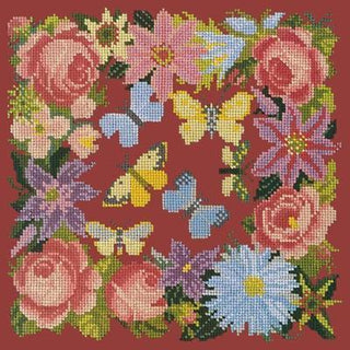 Clematis, Roses & Butterflies Needlepoint Kit Kits Elizabeth Bradley Design Dark Red 
