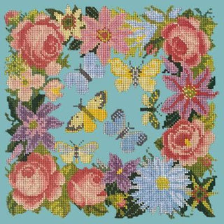 Clematis, Roses & Butterflies Needlepoint Kit Kits Elizabeth Bradley Design Duck Egg Blue 
