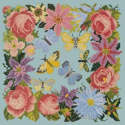 Clematis, Roses & Butterflies Needlepoint Kit Kits Elizabeth Bradley Design Pale Blue 