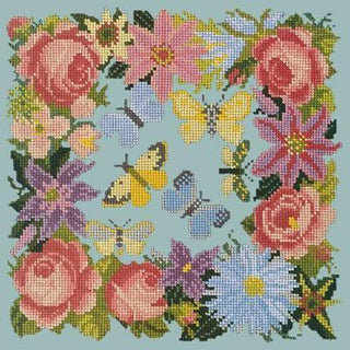Clematis, Roses & Butterflies Needlepoint Kit Kits Elizabeth Bradley Design Pale Blue 
