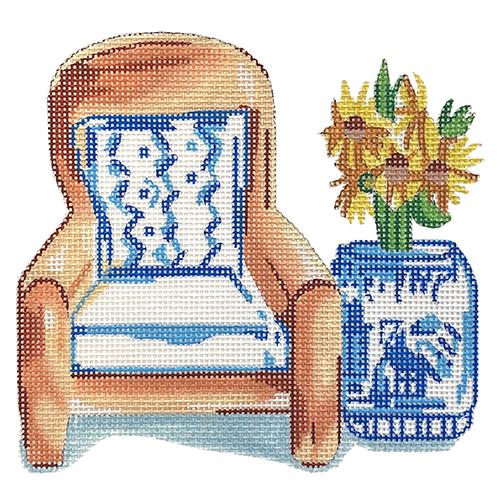Comfy Chair with Blue & White Pillow Painted Canvas All About Stitching/The Collection Design 