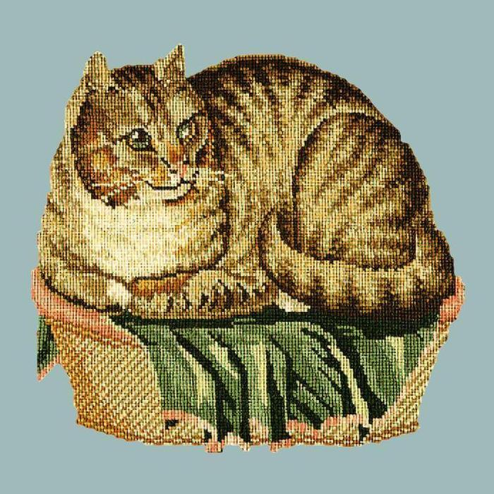 Contented Cat Needlepoint Kit Kits Elizabeth Bradley Design Pale Blue 
