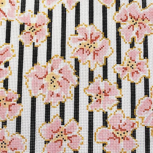 Coral Flowers & Black Stripes Painted Canvas The Plum Stitchery  - 1