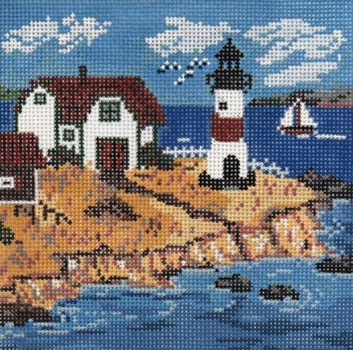 Cottage with Lighthouse Painted Canvas Cooper Oaks Design 