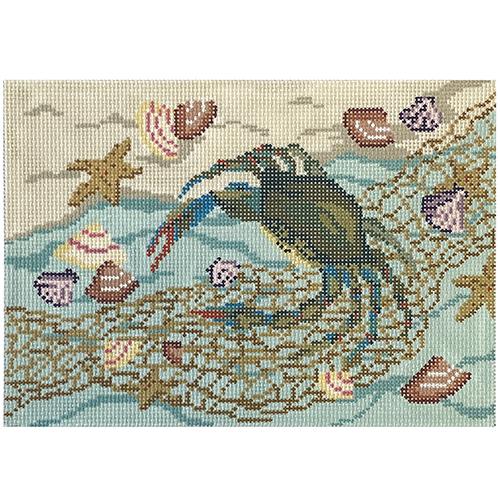 Crab Net with Shells on 13 Painted Canvas Needle Crossings 
