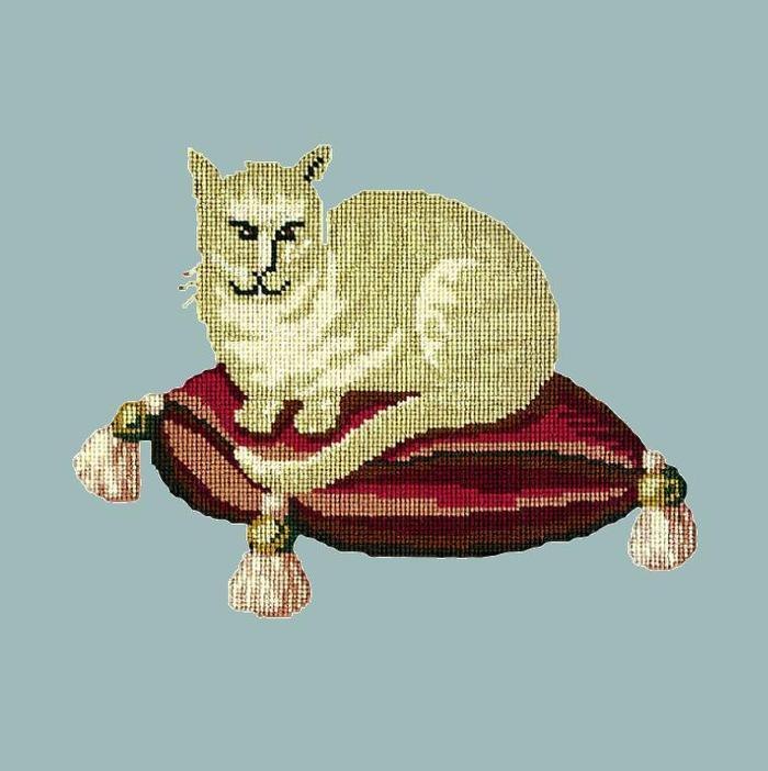 Cream Cat Needlepoint Kit Kits Elizabeth Bradley Design Pale Blue 
