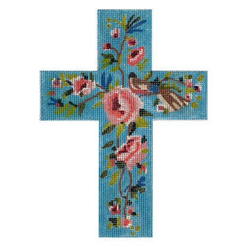 Cross - Blue Floral with Bird Painted Canvas Colors of Praise 