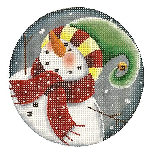 Curley Snowman #2 Ornament Painted Canvas Rebecca Wood Designs  - 1