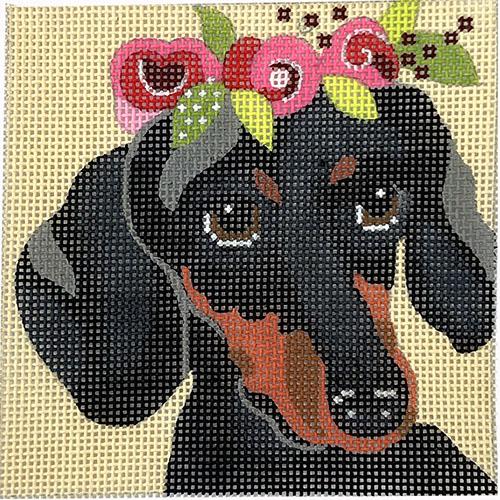 Dachshund with Pink Floral Crown 4" Square Painted Canvas Melissa Prince Designs  - 1