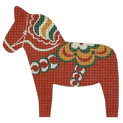 Dala Horse - Traditional Orange-Red Painted Canvas Pepperberry Designs 