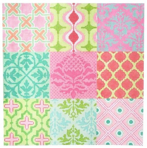 Damask Wallpaper Patchwork - Pinks, Greens, & Turquoise Painted Canvas Kate Dickerson Needlepoint Collections 