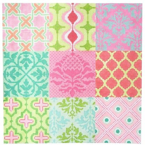 Damask Wallpaper Patchwork   Pinks, Greens, & Turquoise Painted Canvas Kate Dickerson Needlepoint Collections  - 1