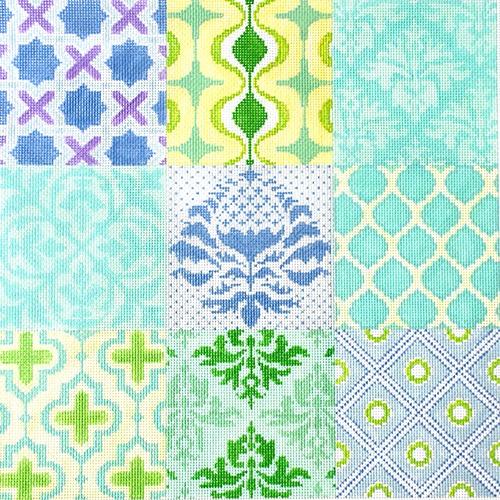 Damask Wallpaper Patchwork   Turquoise, Greens, Periwinkles Painted Canvas Kate Dickerson Needlepoint Collections  - 1