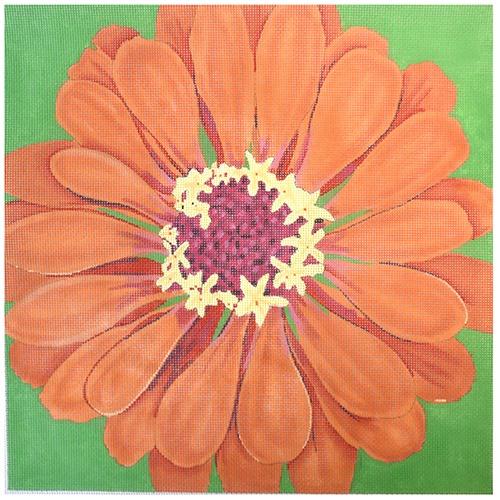 Dark Orange Zinnia/Green Background Painted Canvas The Meredith Collection 