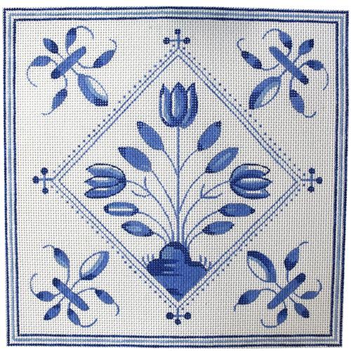 Delft Tile - Flower Burst Painted Canvas The Plum Stitchery 