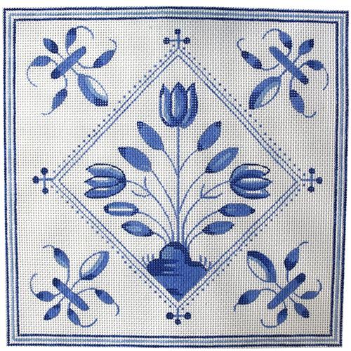 Delft Tile   Flower Burst Painted Canvas The Plum Stitchery  - 1