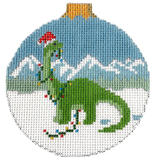 Dinosaur in Lights 3" Round Painted Canvas Susan Roberts Needlepoint Designs Inc. 