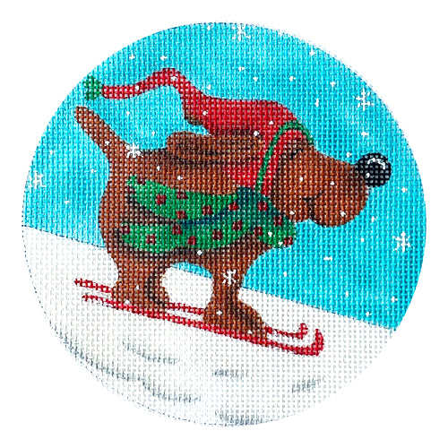 Dog Skiing Round Painted Canvas CBK Needlepoint Collections  - 1