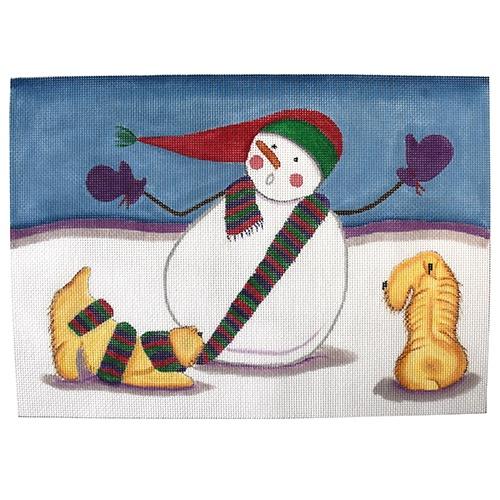 Doxies Frolic with Snowman Painted Canvas Fleur de Paris  - 1