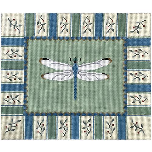 Dragonfly on Sage with Striped Border Painted Canvas Susan Roberts Needlepoint Designs Inc. 