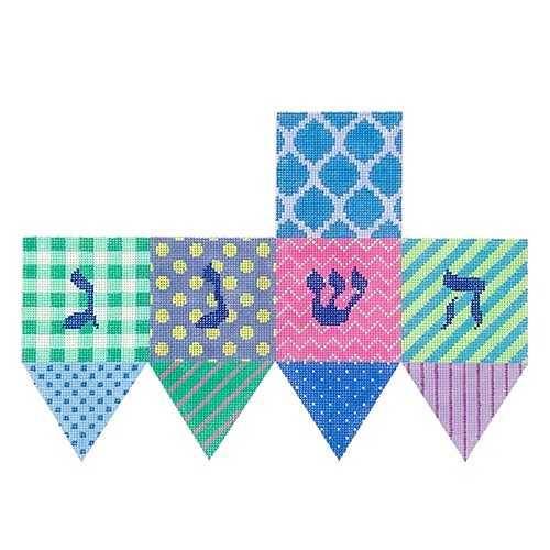 Dreidel - Patchwork of Patterns - Blues, Lavenders, Turquoise Painted Canvas Kate Dickerson Needlepoint Collections 