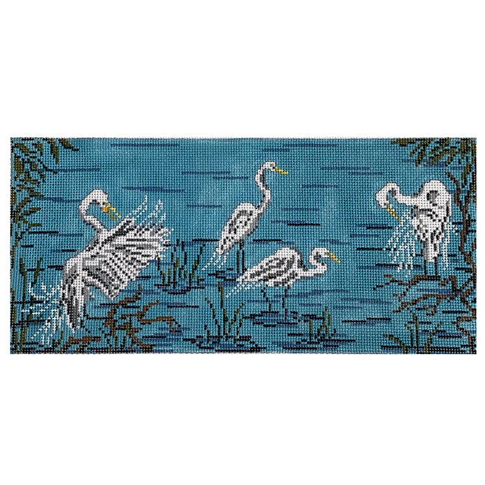 Egrets in Water on 18 Painted Canvas Needle Crossings 