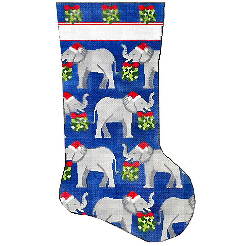 Elephants and Mistletoe Stocking Painted Canvas KCN Designers 