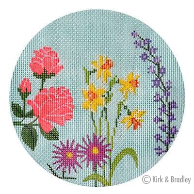English Garden Round   Coral & Yellow Painted Canvas Kirk & Bradley 
