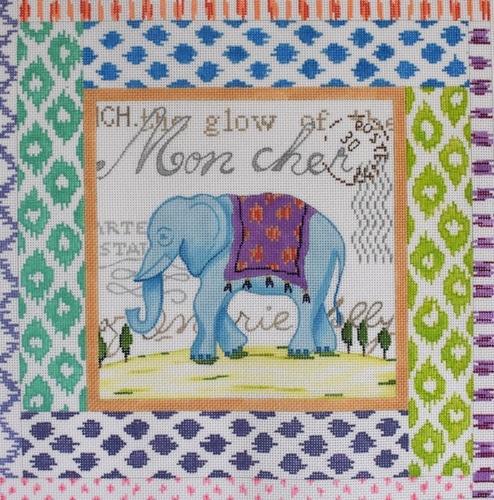 Exotic Collage   Blue Elephant Painted Canvas Kate Dickerson Needlepoint Collections  - 1
