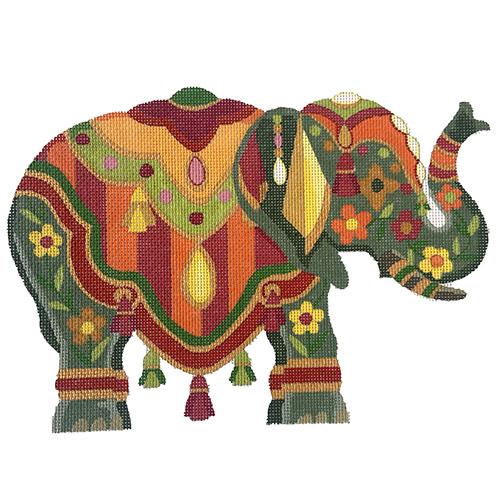 Exotic Elephant #1 - Green & Orange Floral Painted Canvas Raymond Crawford Designs 