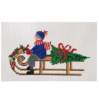 Festive Sled   Boy Painted Canvas Blue Ridge Stitchery 
