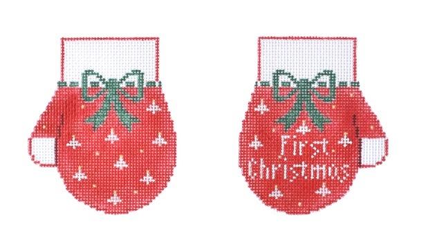 First Christmas Mittens / Red Painted Canvas Kathy Schenkel Designs  - 1