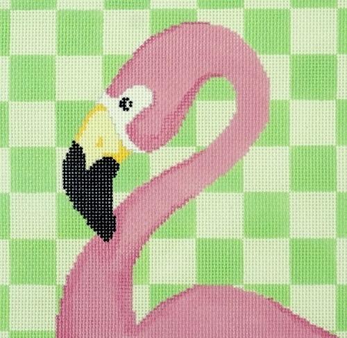 Flamingo / Lime Checks Painted Canvas Two Sisters Needlepoint 