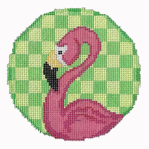 Flamingo on Lime Checks Round Painted Canvas Two Sisters Needlepoint 