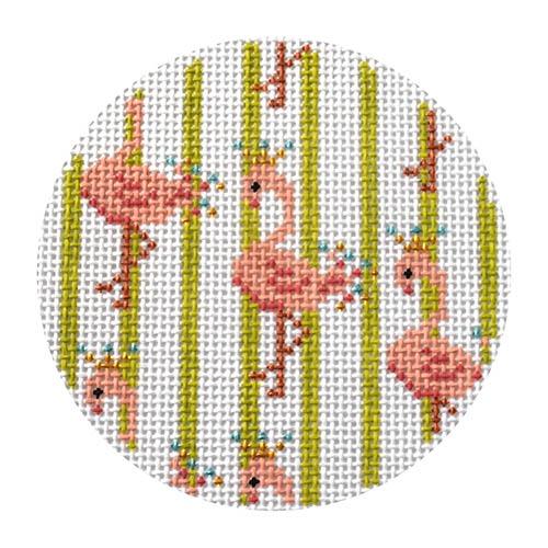 Flamingo Ornament on Green Stripes Painted Canvas The Plum Stitchery  - 1