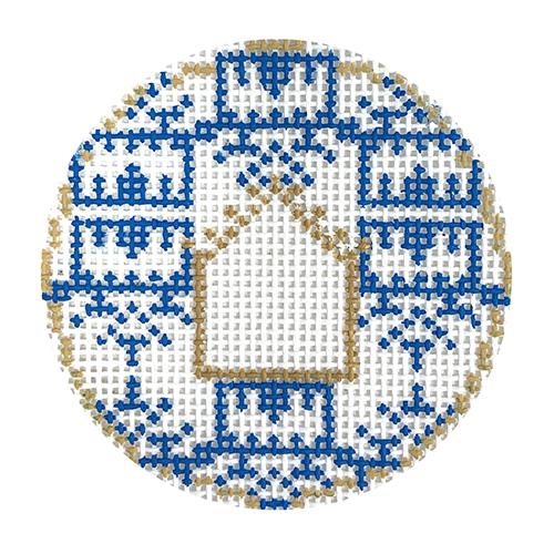 French Blue Pagoda Print Insert Painted Canvas Anne Fisher Needlepoint LLC 
